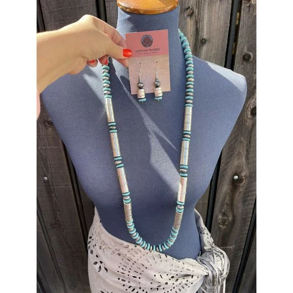 Navajo Sterling Silver Turquoise Handmade Beaded Necklace & Earrings Set - Picture 2 of 8